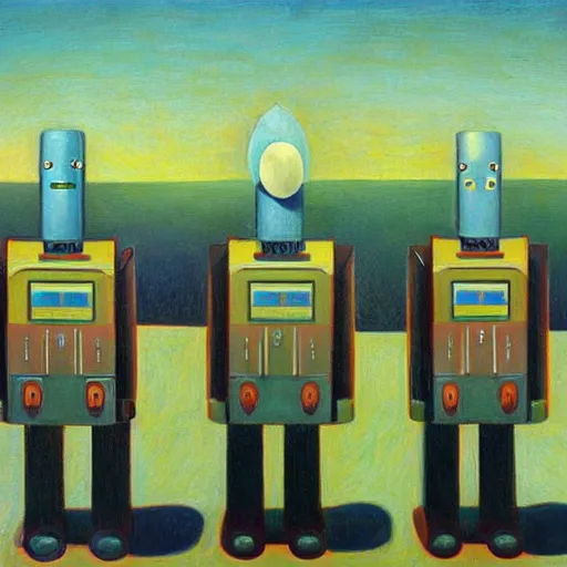 Image similar to robot bishop army, one robot a different color, grant wood, pj crook, edward hopper, oil on canvas