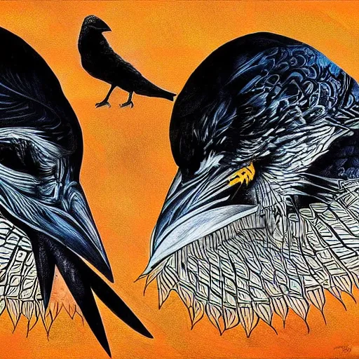 Image similar to a simple crow painting by Android Jones and M. C. Escher collaboration