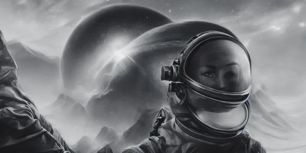 Image similar to portrait of a woman wearing a space helmet, scifi, gigantic mountains visible in the background, big clouds, stars in the sky, 8k, unreal engine, charcoal portrait, drawing
