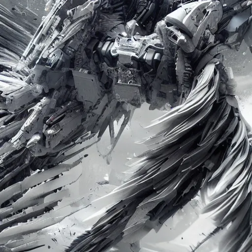 Prompt: white machine feathers flowing surrounding armored core, massive machine wing and machine feathers flowing, swirling, rotating, spinning, interwoven white azure armored core mech, cinematic still, dark atmosphere, smog, in the flow of time, slow motion, endoskeleton, post processing, vray render, ultra detailed, trending on artstation, 8 k,