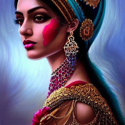 Image similar to Beautiful portrait of a Persian Princess who is an architect, beautiful princess, face painting, architecture, persian style architecture, beautiful body, attractive, babe, dramatic lighting, intricate, wild, highly detailed, digital painting, artstation, concept art, smooth, sharp focus, illustration, black+velvet+red+Turquoise, dark, art by artgerm and greg rutkowski and alphonse mucha, footage from space camera