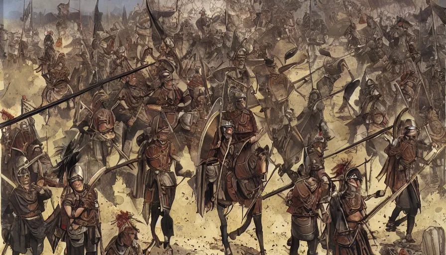 Image similar to a roman army by yasuhisa hara, manga with color artstyle, war landscape