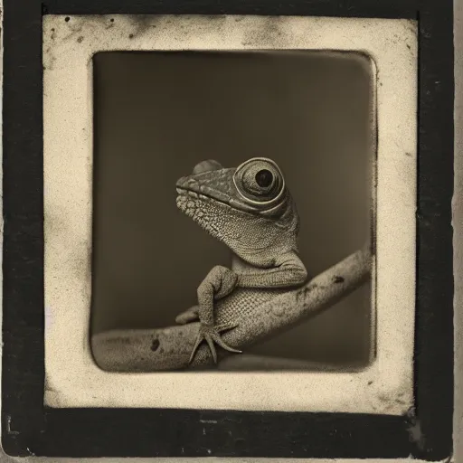 Image similar to wet plate photograph of a chameleon, daugerrotype, collodion photography