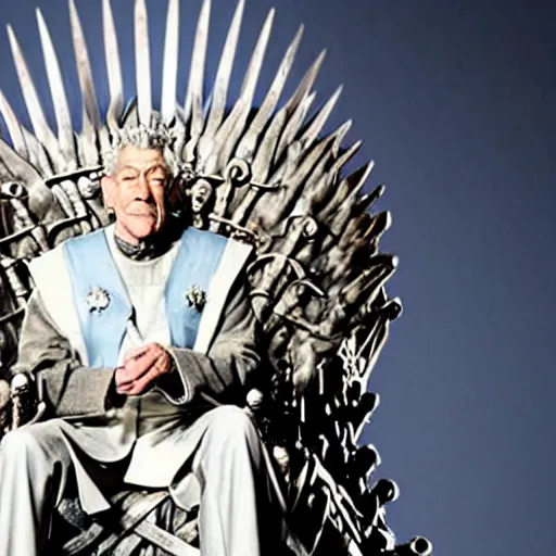 Image similar to a tv still of ian mckellen, as a king wearing an over - sized crown, sitting on the iron throne