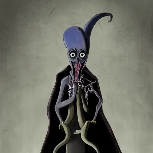 Prompt: a character with a squid for a head wearing a long vampire cloak made from dark wispy smoke created by the artist for the band Gorillaz