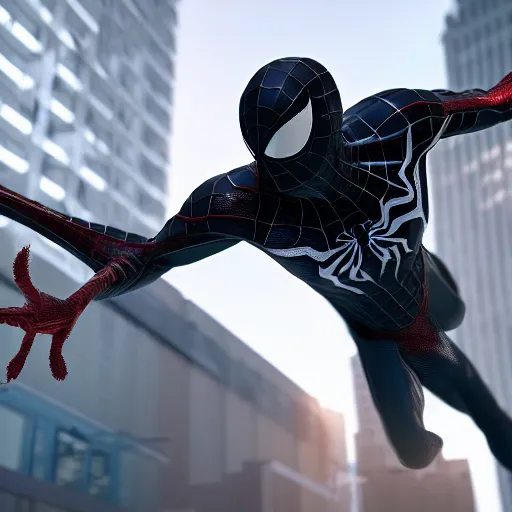 Image similar to a single venom and spider - man hybrid, dslr, cinematic, volumetric lighting, 8 k resolution, photorealistic