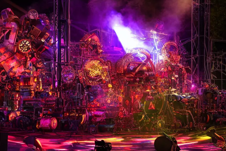 Image similar to close up of an outdoor festival stage with audience, on stage is a rockband with 3 steampunk robots with guitars and drums, center of the stage is a big futuristic steampunk generator with gears and belts and tubes, laser show, 8 k, fluorescent colors, halluzinogenic, multicolored, exaggerated detailed, unreal engine, 8 0 mm lens