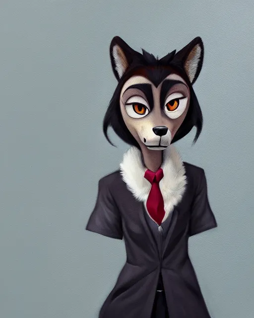 Image similar to oil painting of anthromorphic female wolf, in style of cory loftis, female fursona, furry, furaffinity, 4 k, deviantart, furry art, fursona art, wearing black business suit, business suit, in style of zootopia, wolf fursona, cyberpunk, female, very expressive detailed feminine face,