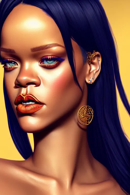 Image similar to portrait of Rihanna , highly detailed and rendered gold jewelry, digital art, intricate, sharp focus, Trending on Artstation, HQ, unreal engine 5, 4K UHD image, by brom, artgerm, face by Otto Schmidt