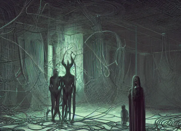 Image similar to satanic ritual, neon, they are watching, RGB, glowing wires everywhere, pristine, by Edgar Maxence and Ross Tran, Zdzisław Beksiński, and Michael Whelan, distant, gustav dore, H.R. Giger, 8k, octane render