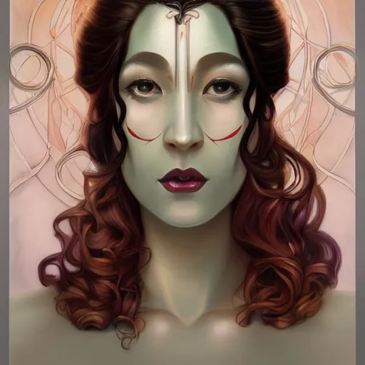 Image similar to an art nouveau, streamline moderne, multi - ethnic and multi - racial portrait in the style of charlie bowater, and in the style of donato giancola, and in the style of charles dulac. very large, clear, expressive, intelligent eyes. symmetrical, centered, ultrasharp focus, dramatic lighting, photorealistic digital painting, intricate ultra detailed background.