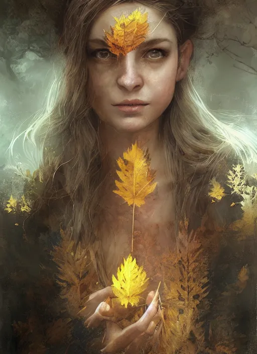 Image similar to golden leaves at frame border, creative composition for a book cover, moon, beautiful portrait painting by jeremy mann, a female witch absurdly beautiful, ultrafine hyperrealistic detailed face by wlop and artgerm and greg rutkowski, intricate linework, sharp focus, smooth, octopath traveler, final fantasy, unreal engine, dramatic lighting, ethereal, 8 k