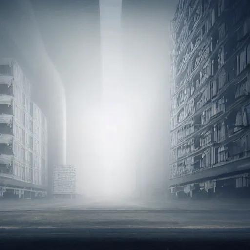 Prompt: A dystopian factory generating human clones, dense smog, dramatic lighting