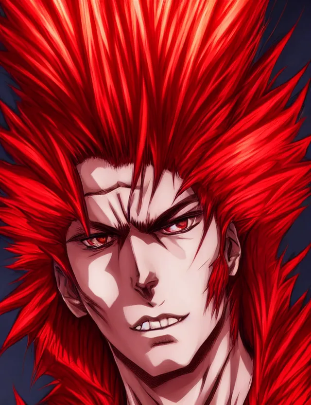 Image similar to a detailed manga portrait of a handsome tall man with spiked crimson hair in fiery crimson crystalline armour, trending on artstation, digital art, 4 k resolution, detailed, high quality, sharp focus, hq artwork, coherent, insane detail, character portrait