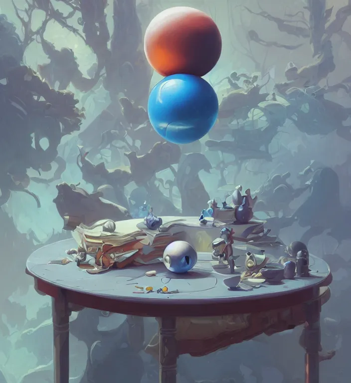 Image similar to a blue ball on a table, digital artwork by Peter Mohrbacher and Dan Mumford