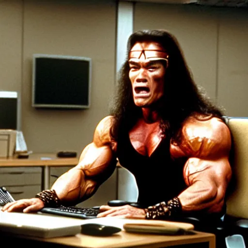 Image similar to actor arnold schwarzenegger as conan the barbarian sitting at a desk, as an office worker, in an office, inside an office building, sitting at a desk, angrily shouting at a laptop, angry at laptop, laptop computer, computer trouble, technical difficulties, software error, crisp lighting, corporate photography