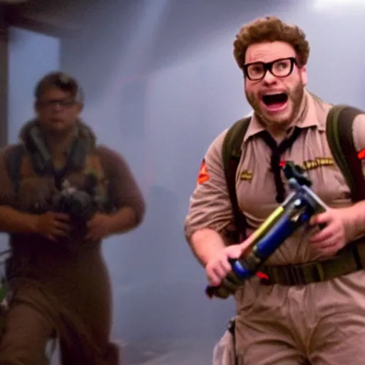 Image similar to Seth Rogen as a Ghostbuster in the movie Ghostbusters