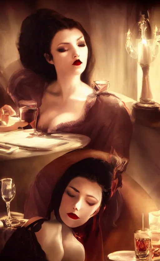 Image similar to a beautiful lady vampire falling asleep at a table, cinematic, art, epic, digital masterpiece, romantic lighting