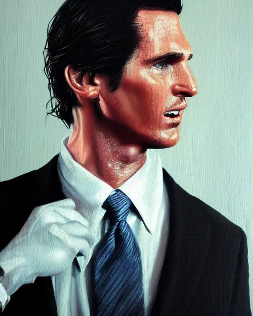 Prompt: oil painting portrait of patrick bateman christian bale american psycho, cinematic lighting, high production value, intricate details, high resolution, hdr, high definition, masterpiece, realistic, ultrarealistic, highly detailed, hd, sharp focus, non blurry, sharp, smooth