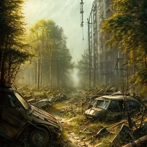 Image similar to postapocalyptic city of munich!!!, wild forest!!! vegetation!!!, small rubble!!, hyperrealistic, highly detailed, cinematic, sunny light, beautiful, cgssociety, artstation, 8 k, oil painting by greg rutkowski, by artgerm, by wlop