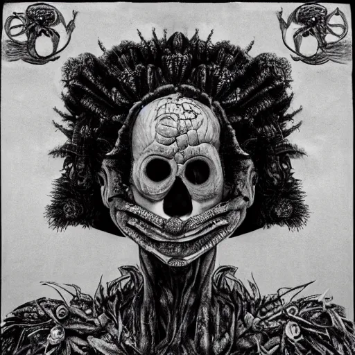 Image similar to punk album cover, no face, psychedelic, black and white, giuseppe arcimboldo