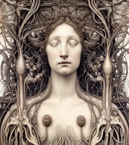 Prompt: detailed realistic beautiful botanical goddess face portrait by jean delville, gustave dore, iris van herpen and marco mazzoni, art forms of nature by ernst haeckel, art nouveau, symbolist, visionary, gothic, neo - gothic, pre - raphaelite, fractal lace, intricate alien botanicals, ai biodiversity, surreality, hyperdetailed ultrasharp octane render