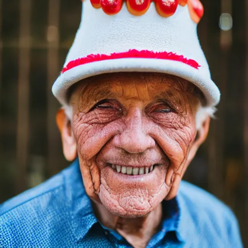 Image similar to portrait of an elderly man wearing a hotdog hat, 🌭, canon eos r 3, f / 1. 4, iso 2 0 0, 1 / 1 6 0 s, 8 k, raw, unedited, symmetrical balance, wide angle