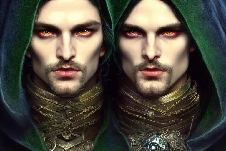 Prompt: ultrarealistic male mage half face infected portrait fighting, long black hair blue eyes wearing leather mantle gothic navy cloak with leather details, green plants, octane render, extreme intricate details, elegant, cinematic lighting, highly detailed, artstation, dnd fantasy character art, cgsociety, sharp focus, beautiful digital painting by artgerm, gerald brom, wlop, alphonse mucha