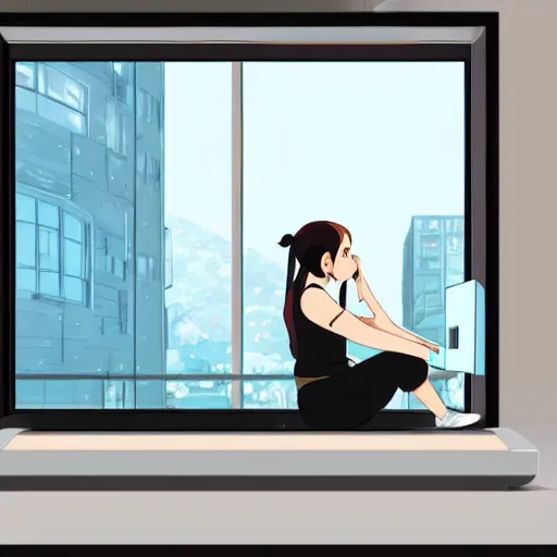 Image similar to a side view of a girl sitting on her desktop writing something, headphones on, hand on her chin, digital art, anime, studio ghibli style, window and city background,