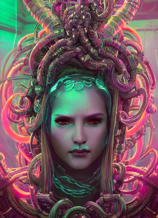 Image similar to ultradetailed ornate cyberpunk sci-fi RPG character illustration of a beautiful symmetric Medusa radiating a majestic glowing aura, intricate smooth fantasy digital painting, concept art, sharp focus, deep neon-noir tones, 3d rim light, Kodakchrome, hyperrealistic, photorealistic, artstation, cgsociety