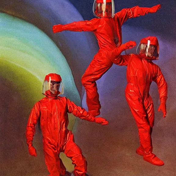 Prompt: two scientists wearing red and silver hazmat suits entering the geometric rainbow crystal dimensional gateway by frank frazetta