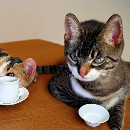 Prompt: 3 cats ( two calico and one tabby ) enjoying fancy english tea together, flickr explore