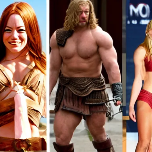 Image similar to first photos of 2 0 2 4 female 3 0 0 remake - muscular emma stone as leonidas, put on 1 0 0 pounds of muscle, looks different, steroids, hgh, ( eos 5 ds r, iso 1 0 0, f / 8, 1 / 1 2 5, 8 4 mm, postprocessed, crisp face, facial features )