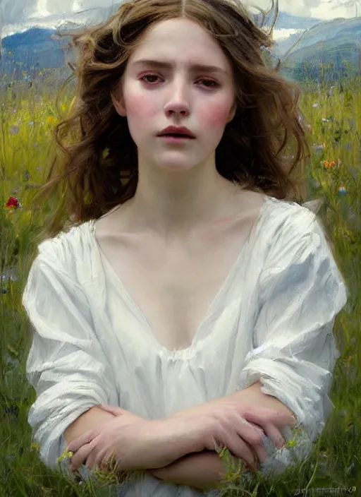 Image similar to portrait of girl dressed in white clothes , countryside, fantasy character portrait, dynamic pose, above view, view from above, sunny day, thunder clouds in the sky, artwork by Jeremy Lipkin and Giuseppe Dangelico Pino and Michael Garmash and rob rey, very coherent symmetrical artwork, perfect face, simple form, 100mm