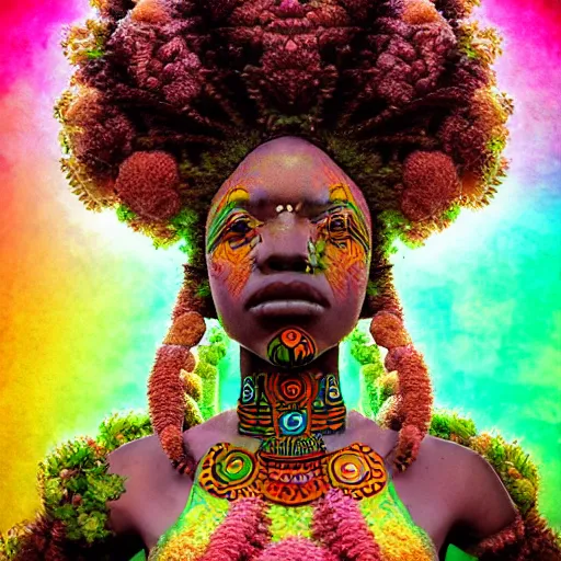 Image similar to a female african marijuanna! shaman with an afro made of flowers, third eye art art by machina infinitum, complexity from simplicity, rendered in octane, mandelbulb 3 d, ambient occlusion, macro photography, felt!!! texture, tribal, pastel! retrowave