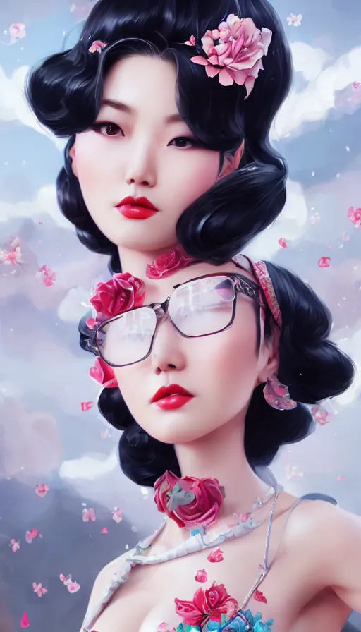 Image similar to a pin up and beautiful fashion and charming and dreamlke asian girl, lv jewelry, art by artgerm & jeehyung lee & wlop, hyperdetailed, 8 k realistic, symmetrical, frostbite 3 engine, cryengine, dof, trending on artstation, digital art