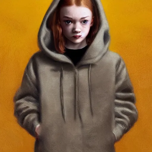 Image similar to a highly detailed epic cinematic concept art CG render digital painting artwork costume design: a teenage Sadie Sink in a 1950s man's coat and hoodie. muted colors with some yellow accents. By Greg Rutkowski, Ilya Kuvshinov, WLOP, Stanley Artgerm Lau, Ruan Jia and Fenghua Zhong, trending on ArtStation, made in Maya, Blender and Photoshop, octane render, excellent composition, cinematic atmosphere, dynamic dramatic cinematic lighting, aesthetic, very inspirational, arthouse