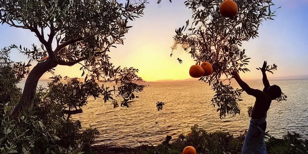 Prompt: “ a pirate picking oranges off of a tree at sunset, ultra realistic ”