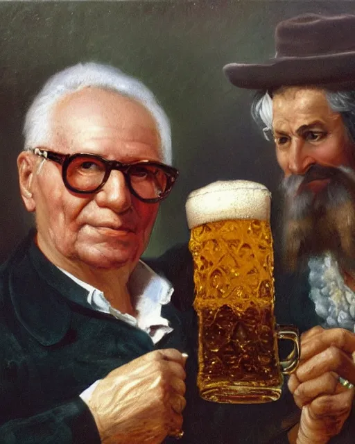 Image similar to a painting of erich honecker holding a mug of beer at the oktoberfest, a detailed painting by konstantin makovsky and by jan matejko and by nikolay makovsky, shutterstock contest winner, german romanticism, detailed painting, oil on canvas, wimmelbilder