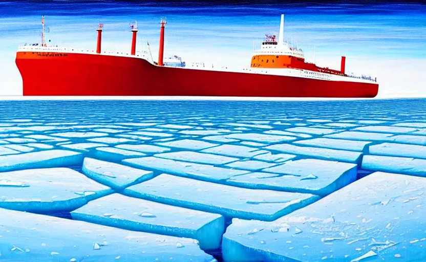 Image similar to a surreal colourful painting of arctic ice breaker going through ice field with epic cracks