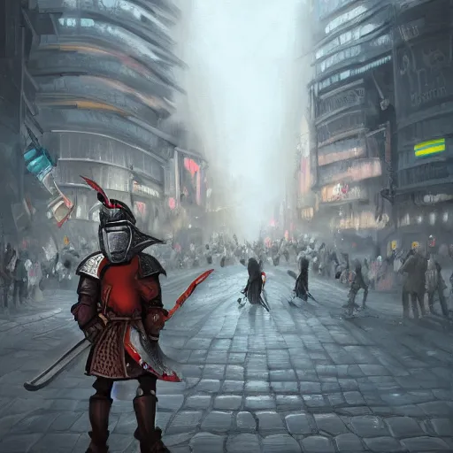 Prompt: a medieval knight lost in shibuya crossing, concept art, digital painting, stylized, trending on artstation