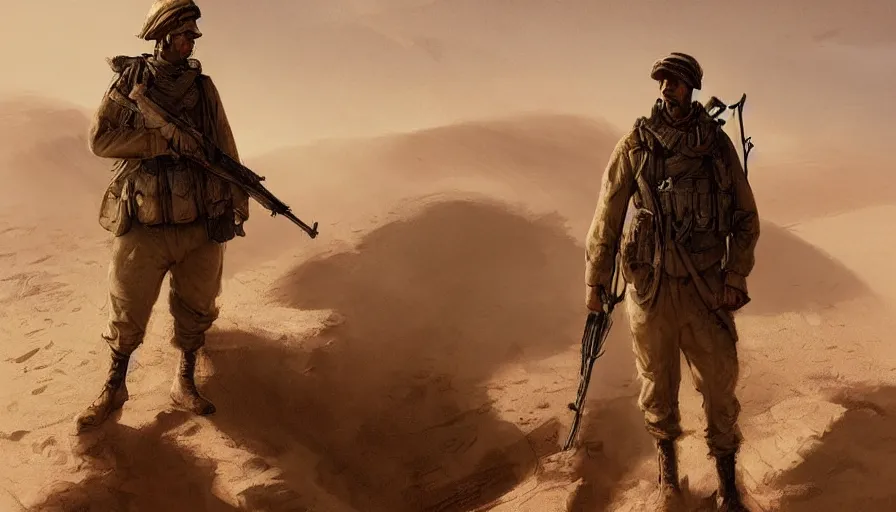 Prompt: beautiful digital painting of a soldier in a trench waiting for the war to end, in the sahara desert. cinematic lighting, atmospheric, emotions, concept art by greg rutkowski,