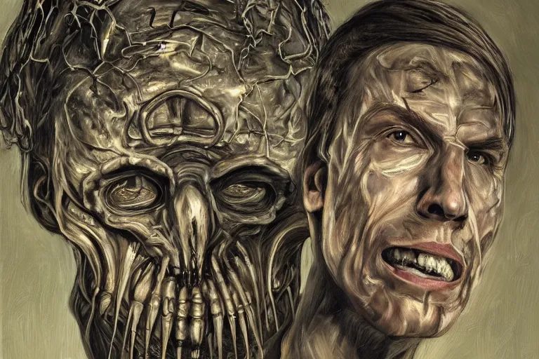 Prompt: portrait of streamer jerma 9 8 5, jeremy elbertson, painting by h. r. giger, lovecraftian horror, strands of being, metal album cover, high detail, sharp