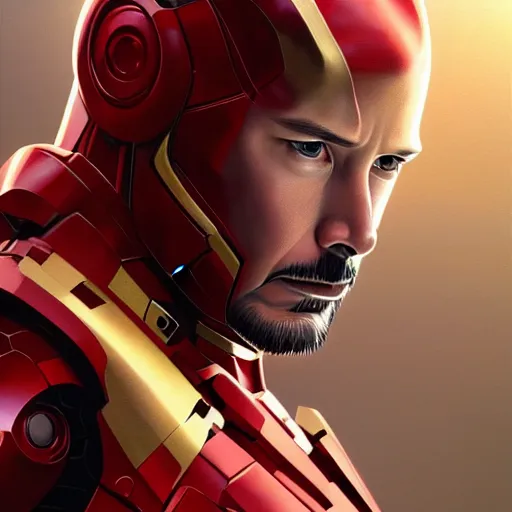 Image similar to handsome Keanu Reeves in Iron Man suit, western, closeup, D&D, fantasy, intricate, elegant, highly detailed, digital painting, artstation, concept art, matte, sharp focus, illustration, art by Artgerm and Greg Rutkowski and Alphonse Mucha