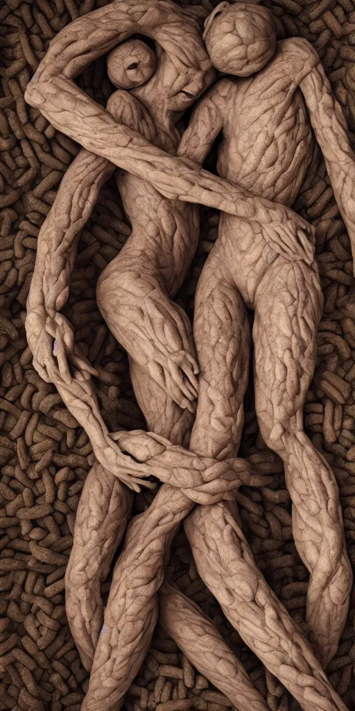 Prompt: closeup photograph of a surrealist sculpture human bodies intertwined, a lovely cornucopia of flowers and human body parts, body parts, made of clay, earth tones, muted color palette, skin tones, highly detailed, octane render, cinematic
