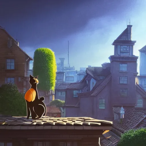 Prompt: a wholesome animation key shot of a black cat seated on top of a roof with tiles, looking at the buildings, medium shot, studio ghibli, pixar and disney animation, sharp, rendered in unreal engine 5, anime key art by greg rutkowski, bloom, dramatic lighting, golden hour, very warm colors
