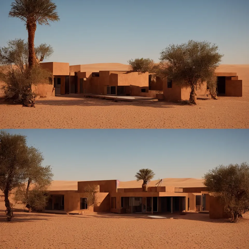 Image similar to A mid-century house designed by Norman Foster in the middle of the sahara desert. Film Grain, cinematic. Brown sand. Full color. Magic Hour.