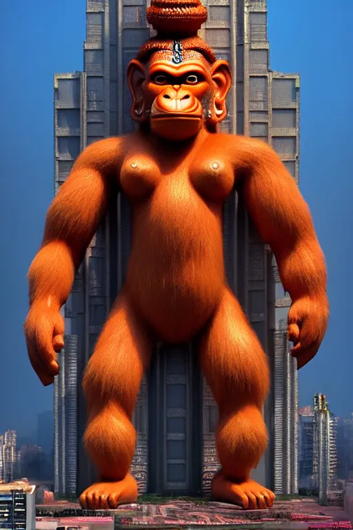 Image similar to high quality 3 d cyberpunk biomorphic hanuman! head building in the middle of mumbai!!, highly detailed, cinematic smooth, stephen shore & john j. park, soft morning light, wide shot, high angle, uhd 8 k, sharp focus