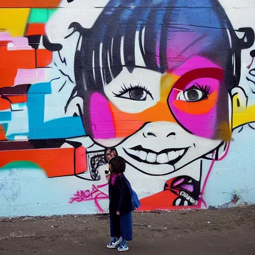 Prompt: A girl stands in front of a graffiti mural that says 'If today was your last day' with a smiling face