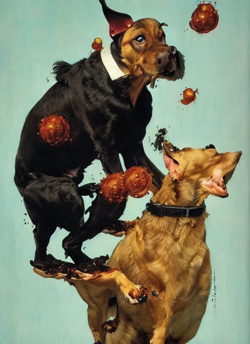 Image similar to a norman rockwell painting of an exploding dog